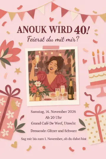 Flyer der Beispieleinladung Anouk wird 40